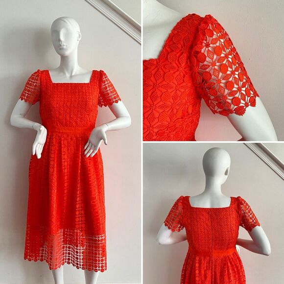 Talbots Lace Square Neck Fit & Flare Dress In Bright Tangerine 10 - Picture 6 of 9